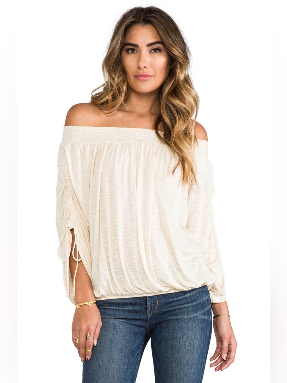 Free People Cream Smocked Off-Shoulder Top Sz Small